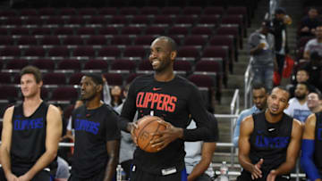 LOS ANGELES, CA - OCTOBER 08: Luc Mbah a Moute #12 of the LA Clippers looks on during an open practice at the Galen Center on October 08, 2018 in Los Angeles, California. NOTE TO USER: User expressly acknowledges and agrees that, by downloading and/or using this Photograph, user is consenting to the terms and conditions of the Getty Images License Agreement. Mandatory Copyright Notice: Copyright 2018 NBAE (Photo by Adam Pantozzi/NBAE via Getty Images)
