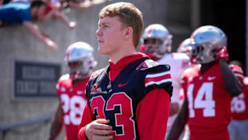 Apr 15, 2023; Columbus, Ohio, United States; Ohio State Buckeyes quarterback Devin Brown (33) enters the field during warmups for the Ohio State Buckeyes spring game at Ohio Stadium on Saturday morning. Mandatory Credit: Joseph Scheller-The Columbus DispatchFootball Ceb Osufb Spring Game Ohio State At Ohio State