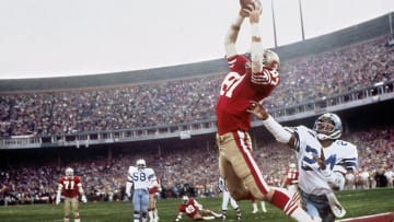 UNITED STATES - JANUARY 10: Football: NFC Playoffs, San Francisco 49ers Dwight Clark (87) in action, making catch and scoring game winning touchdown vs Dallas Cowboys Everson Walls (24), Cover, San Francisco, CA 1/10/1982 (Photo by Walter Iooss Jr./Sports Illustrated/Getty Images) (SetNumber: X26442 TK1)