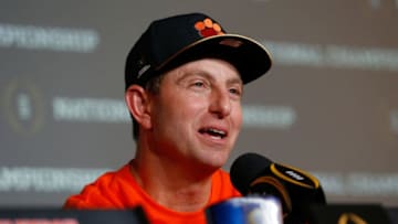 TAMPA, FL - JANUARY 09: Head coach Dabo Swinney of the Clemson Tigers speaks during a press conference after defeating the Alabama Crimson Tide 35-31 to win the 2017 College Football Playoff National Championship Game at Raymond James Stadium on January 9, 2017 in Tampa, Florida. (Photo by Brian Blanco/Getty Images)