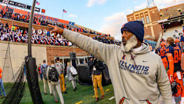 Nov 2, 2019; Champaign, IL, USA; Illinois Fighting Illini head coach Lovie Smith celebrates after defeating the Rutgers Scarlet Knights at Memorial Stadium. Mandatory Credit: Patrick Gorski-USA TODAY Sports