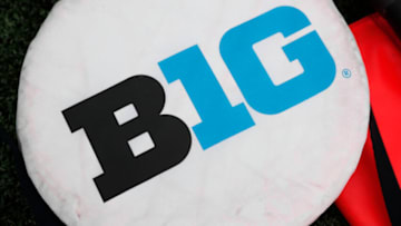 Sep 10, 2022; Madison, Wisconsin, USA; Big Ten logo on sideline markers prior to the game between the Washington State Cougars and Wisconsin Badgers at Camp Randall Stadium. Mandatory Credit: Jeff Hanisch-USA TODAY Sports
