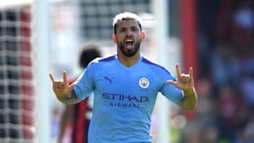 BOURNEMOUTH, ENGLAND - AUGUST 25: Sergio Aguero of Manchester City celebrates after scoring his team's third goal during the Premier League match between AFC Bournemouth and Manchester City at Vitality Stadium on August 25, 2019 in Bournemouth, United Kingdom. (Photo by Mike Hewitt/Getty Images)