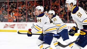 Feb 19, 2015; Philadelphia, PA, USA; Buffalo Sabres left wing Nicolas Deslauriers (44) skates towards the bench after scoring a goal against the Philadelphia Flyers during the first period at Wells Fargo Center. Mandatory Credit: Eric Hartline-USA TODAY Sports