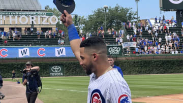 Jul 26, 2022; Chicago, Illinois, USA; Chicago Cubs catcher Willson Contreras (40) tips his cap to the fans after the game against the Pittsburgh Pirates at Wrigley Field. Mandatory Credit: David Banks-USA TODAY Sports