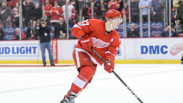 DETROIT, MI - APRIL 03: Detroit Red Wings right wing Evgeny Svechnikov (37) takes his turn during the shootout period in the NHL hockey game between the Ottawa Senators and Detroit Red Wings on April 3, 2017, at Joe Louis Arena in Detroit, Michigan. (Photo by Steven King/Icon Sportswire via Getty Images)