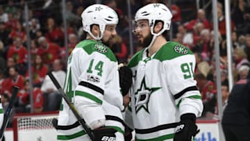 CHICAGO, IL - NOVEMBER 30: Jamie Benn #14 and Tyler Seguin #91 of the Dallas Stars talk in the third period against the Chicago Blackhawks at the United Center on November 30, 2017 in Chicago, Illinois. (Photo by Bill Smith/NHLI via Getty Images)