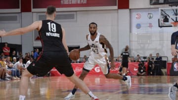 LAS VEGAS, NV - JULY 7: Stanton Kidd #43 of the Utah Jazz handles the ball against the Portland Trail Blazers during the 2018 Las Vegas Summer League on July 7, 2018 at the Cox Pavilion in Las Vegas, Nevada. Copyright 2018 NBAE (Photo by David Dow/NBAE via Getty Images)