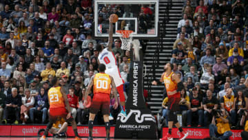 SALT LAKE CITY, UT - DECEMBER 30: Andre Drummond #0 of the Detroit Pistons dunks the ball against the Utah Jazz on December 30, 2019 at Vivint Smart Home Arena in Salt Lake City, Utah. NOTE TO USER: User expressly acknowledges and agrees that, by downloading and or using this Photograph, User is consenting to the terms and conditions of the Getty Images License Agreement. Mandatory Copyright Notice: Copyright 2019 NBAE (Photo by Melissa Majchrzak/NBAE via Getty Images)