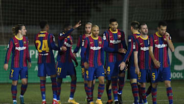 Ousmane Dembele of Barcelona celebrates with teammates. (Photo by Alex Caparros/Getty Images)