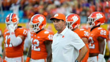 Sep 4, 2021; Charlotte, North Carolina, USA; Clemson Tigers head coach Dabo Swinney during the first quarter against the Georgia Bulldogs at Bank of America Stadium. Mandatory Credit: Jim Dedmon-USA TODAY Sports