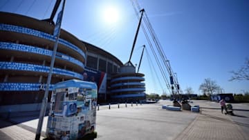 The Etihad Stadium complex, home to English Premier League football team Manchester City, is pictured in Mancheser, northen England on April 21, 2020, as life in Britain continues during the nationwide lockdown to combat the novel coronavirus pandemic. - Due to the ongoing COVID-19 pandemic, Premier League football matches have been suspended indefinitely with no return expected before mid-June,at the earliest. (Photo by Paul ELLIS / AFP) (Photo by PAUL ELLIS/AFP via Getty Images)
