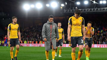 LONDON, ENGLAND - APRIL 10: Granit Xhaka of Arsenal looks dejected in defeat with team mates after the Premier League match between Crystal Palace and Arsenal at Selhurst Park on April 10, 2017 in London, England. (Photo by Mike Hewitt/Getty Images)