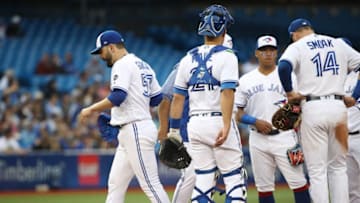 TORONTO, ON - JUNE 19: Jaime Garcia #57 of the Toronto Blue Jays exits the game as he is relieved in the fourth inning during MLB game action against the Atlanta Braves at Rogers Centre on June 19, 2018 in Toronto, Canada. (Photo by Tom Szczerbowski/Getty Images)