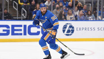 Jan 29, 2022; St. Louis, Missouri, USA; St. Louis Blues center Ryan O'Reilly (90) in action against the Winnipeg Jets during the second period. OÕReilly is playing in his 900th career NHL game at Enterprise Center. Mandatory Credit: Joe Puetz-USA TODAY Sports