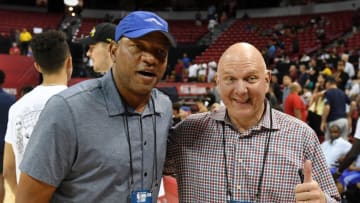 LAS VEGAS, NEVADA - JULY 07: Head coach Doc Rivers (L) and owner Steve Ballmer of the LA Clippers pose on the court before a game between the Clippers and the Memphis Grizzlies during the 2019 NBA Summer League at the Thomas & Mack Center on July 7, 2019 in Las Vegas, Nevada. NOTE TO USER: User expressly acknowledges and agrees that, by downloading and or using this photograph, User is consenting to the terms and conditions of the Getty Images License Agreement. (Photo by Ethan Miller/Getty Images)