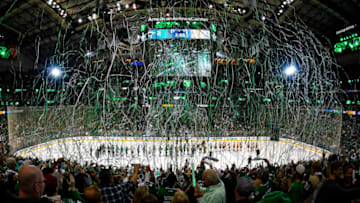 Apr 22, 2019; Dallas, TX, USA; The Dallas Stars fans celebrate the win over the Nashville Predators during the overtime period in game six of the first round of the 2019 Stanley Cup Playoffs at American Airlines Center. Mandatory Credit: Jerome Miron-USA TODAY Sports