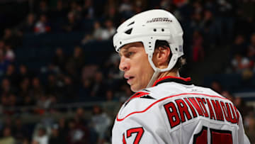 UNIONDALE, NY - OCTOBER 21: Rod Brind'Amour #17 of the Carolina Hurricanes pauses during NHL action against the New York Islanders on October 21, 2009 at Nassau Coliseum in Uniondale, New York. Islanders defeat the Hurricanes 4-3 in a shootout (Photo by Mike Stobe/NHLI via Getty Images)