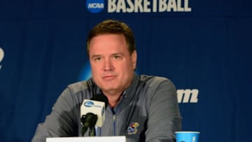 Mar 20, 2014; St. Louis, MO, USA; Kansas Jayhawks head coach Bill Self addresses the media at a press conference during their practice session prior to the 2nd round of the 2014 NCAA Men