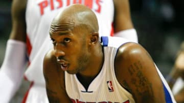 Nov 5, 2013; Auburn Hills, MI, USA; Detroit Pistons point guard Chauncey Billups (1) waits for play to start during the first quarter against the Indiana Pacers at The Palace of Auburn Hills. Mandatory Credit: Raj Mehta-USA TODAY Sports