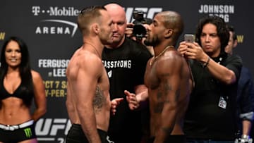 LAS VEGAS, NV - OCTOBER 06: (L-R) Lando Vannata and Bobby Green face off during the UFC 216 weigh-in inside T-Mobile Arena on October 6, 2017 in Las Vegas, Nevada. (Photo by Jeff Bottari/Zuffa LLC/Zuffa LLC via Getty Images)