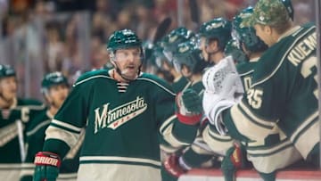Nov 25, 2015; Saint Paul, MN, USA; Minnesota Wild forward Thomas Vanek (26) celebrates his goal in the first period against the Vancouver Canucks at Xcel Energy Center. Mandatory Credit: Brad Rempel-USA TODAY Sports