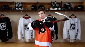 DALLAS, TX - JUNE 22: Joel Farabee poses for a portrait after being selected fourteenth overall by the Philadelphia Flyers during the first round of the 2018 NHL Draft at American Airlines Center on June 22, 2018 in Dallas, Texas. (Photo by Jeff Vinnick/NHLI via Getty Images)