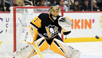 Casey DeSmith #1 of the Pittsburgh Penguins tends goal in the third period during the game against the Chicago Blackhawks. (Photo by Justin Berl/Getty Images)