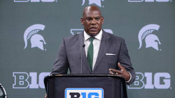 INDIANAPOLIS, IN - JULY 27: Head coach Mel Tucker of the Michigan State Spartans speaks during the 2022 Big Ten Conference Football Media Days at Lucas Oil Stadium on July 27, 2022 in Indianapolis, Indiana. (Photo by Michael Hickey/Getty Images)