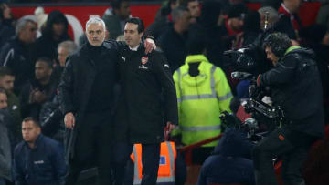 MANCHESTER, ENGLAND - DECEMBER 05: Jose Mourinho, Manager of Manchester United and Unai Emery, Manager of Arsenal hug each other after the Premier League match between Manchester United and Arsenal FC at Old Trafford on December 5, 2018 in Manchester, United Kingdom. (Photo by Clive Brunskill/Getty Images)