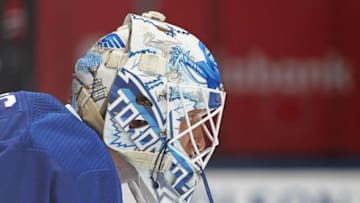 TORONTO,ON - SEPTEMBER 21: Garret Sparks #40 of the Toronto Maple Leafs gets set to face the Buffalo Sabres in an NHL pre-season game at Scotiabank Arena on September 21, 2018 in Toronto, Ontario, Canada. The Maple Leafs defeated the Sabres 5-3. (Photo by Claus Andersen/Getty Images)
