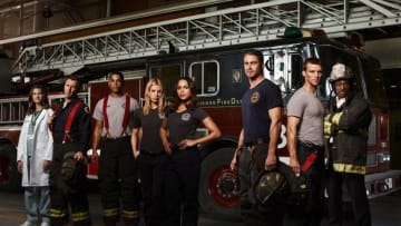 CHICAGO FIRE -- Season: Pilot -- Pictured: (l-r) Teri Reeves as Hallie, David Eigenberg as Christopher Hermann, Charlie Barnett as Peter Mills, Lauren German as Leslie Shay, Monica Raymund as Gabriella Dawson, Taylor Kinney as Kelly Severide, Jesse Spencer as Matthew Casey, Eamonn Walker as Battalion Chief Wallace Boden -- (Photo by: Sandro/NBC)