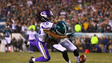 PHILADELPHIA, PA - JANUARY 21: Torrey Smith #82 of the Philadelphia Eagles attempts to catch a pass defended by Trae Waynes #26 of the Minnesota Vikings during the first quarter in the NFC Championship game at Lincoln Financial Field on January 21, 2018 in Philadelphia, Pennsylvania. (Photo by Mitchell Leff/Getty Images)