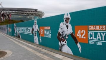 Sep 25, 2014; London, UNITED KINGDOM; General view of signage of Miami Dolphins tight end Charles Clay (42) and defensive end Cameron Wake (91) at Wembley Stadium in advance of the NFL International Series game against the Oakland Raiders. Mandatory Credit: Kirby Lee-USA TODAY Sports
