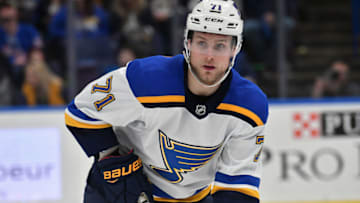 ST. LOUIS, MO - MARCH 17: St. Louis Blues left wing Vladimir Sobotka (71) during a NHL game between the New York Rangers and the St. Louis Blues on March 17, 2018, at Scottrade Center, St. Louis, MO. St. Louis beat New York in overtime, 4-3. (Photo by Keith Gillett/Icon Sportswire via Getty Images).