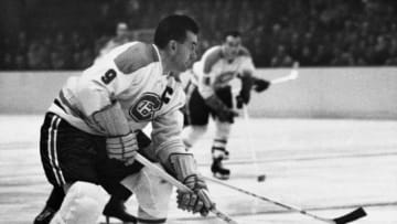 MONTREAL - UNDATED: Maurice "Rocket" Richard #9 of the Montreal Canadiens skates with the puck during a game circa 1956-1960 at the Montreal Forum in Montreal, Quebec, Canada. (Photo by Robert Riger/Getty Images)