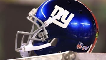 Aug 14, 2015; Cincinnati, OH, USA; Detailed view of a New York Giants helmet on the sidelines in a preseason NFL football game against the Cincinnati Bengals at Paul Brown Stadium. Mandatory Credit: Andrew Weber-USA TODAY Sports