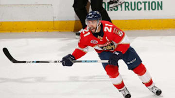 SUNRISE, FL - MARCH 23: Vincent Trocheck #21 of the Florida Panthers yells to a teammate as he skates up ice against the Boston Bruins at the BB&T Center on March 23, 2019 in Sunrise, Florida. The Bruins defeated the Panthers 7-3. (Photo by Joel Auerbach/Getty Images)