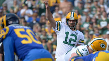Oct 28, 2018; Los Angeles, CA, USA; Green Bay Packers quarterback Aaron Rodgers (12) gestures during the first quarter against the Los Angeles Rams at Los Angeles Memorial Coliseum. Mandatory Credit: Jake Roth-USA TODAY Sports