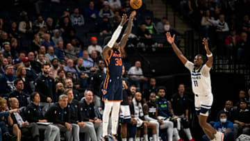 MINNEAPOLIS, MN - NOVEMBER 07: Julius Randle #30 of the New York Knicks shoots a three point shot in the fourth quarter of the game against the Minnesota Timberwolves at Target Center on November 7, 2022 in Minneapolis, Minnesota. NOTE TO USER: User expressly acknowledges and agrees that, by downloading and or using this photograph, User is consenting to the terms and conditions of the Getty Images License Agreement. (Photo by Stephen Maturen/Getty Images)