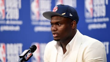 BROOKLYN, NY - JUNE 20: Zion Williamson speaks to the media after being selected number one overall by the New Orleans Pelicans during the 2019 NBA Draft on June 20, 2019 at the Barclays Center in Brooklyn, New York. NOTE TO USER: User expressly acknowledges and agrees that, by downloading and/or using this photograph, user is consenting to the terms and conditions of the Getty Images License Agreement. Mandatory Copyright Notice: Copyright 2019 NBAE (Photo by Matteo Marchi/NBAE via Getty Images)