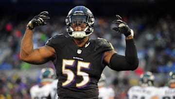 Dec 18, 2016; Baltimore, MD, USA; Baltimore Ravens linebacker Terrell Suggs (55) reacts during the game against the Philadelphia Eagles at M&T Bank Stadium. Mandatory Credit: Evan Habeeb-USA TODAY Sports