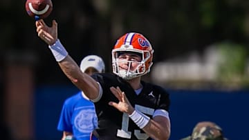 Florida Gators quarterback Graham Mertz (15) passes during drills. The University of Florida Football team held their 2023 Football Spring Practice Tuesday afternoon, April 4, 2023 at Sanders Football Practice Field at the University of Florida in Gainesville, FL. [Doug Engle/Ocala Star Banner]2023 tFlgai 040623 Uf Spring Fb 0019 De