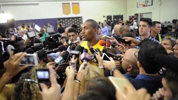 September 28, 2015; El Segundo, CA, USA; Los Angeles Lakers forward Metta World Peace speaks to press during media day at Toyota Sports Center. Mandatory Credit: Gary A. Vasquez-USA TODAY Sports