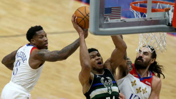 Eric Bledsoe #5 and Steven Adams #12 of the New Orleans Pelicans (Photo by Sean Gardner/Getty Images)