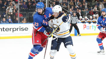 NEW YORK, NY - NOVEMBER 04: Jack Eichel #9 of the Buffalo Sabres skates against Mika Zibanejad #93 of the New York Rangers at Madison Square Garden on November 4, 2018 in New York City. The New York Rangers won 3-1. (Photo by Jared Silber/NHLI via Getty Images)