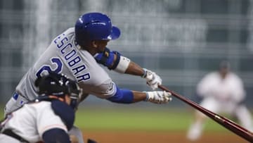 Apr 11, 2016; Houston, TX, USA; Kansas City Royals shortstop Alcides Escobar (2) gets a single during the fifth inning against the Houston Astros at Minute Maid Park. Mandatory Credit: Troy Taormina-USA TODAY Sports