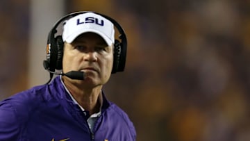 BATON ROUGE, LA - NOVEMBER 28: Head coach Les Miles of the LSU Tigers looks on against the Texas A&M Aggies at Tiger Stadium on November 28, 2015 in Baton Rouge, Louisiana. (Photo by Chris Graythen/Getty Images)