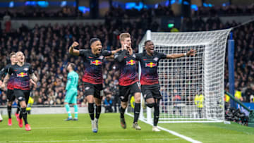 LONDON, ENGLAND - FEBRUARY 19: Timo Werner of RB Leipzig celebrates with his team mates Christopher Nkunku and Nordi Mukieleduring after scoring the first goal during the UEFA Champions League round of 16 first leg match between Tottenham Hotspur and RB Leipzig at Tottenham Hotspur Stadium on February 19, 2020 in London, United Kingdom. (Photo by Sebastian Frej/MB Media/Getty Images)