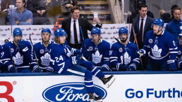 TORONTO, ON - NOVEMBER 15: Toronto Maple Leafs CoachMike Babcock reacts during the NHL regular season game between the Boston Bruins and the Toronto Maple Leafs on November 15, 2019, at Scotiabank Arena in Toronto, ON, Canada. (Photo by Julian Avram/Icon Sportswire via Getty Images)